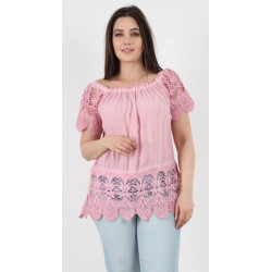 Italian Crochet Lace Hem & Sleeve Bardot Tunic Top