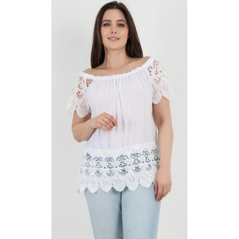 Italian Crochet Lace Hem & Sleeve Bardot Tunic Top