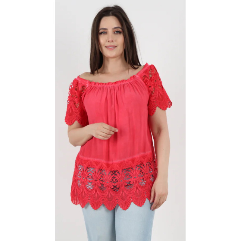 Italian Crochet Lace Hem & Sleeve Bardot Tunic Top