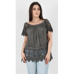 Italian Crochet Lace Hem & Sleeve Bardot Tunic Top