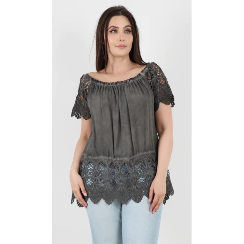 Italian Crochet Lace Hem & Sleeve Bardot Tunic Top