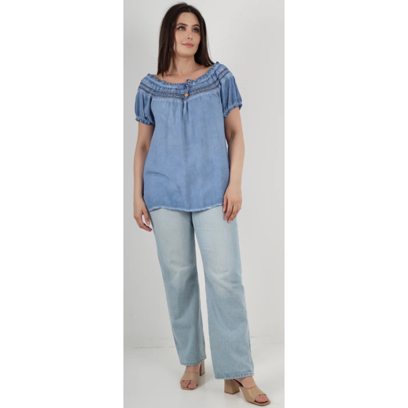 Italian Ruffle Detail Bardot Tunic Top