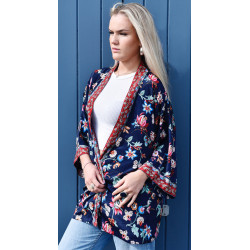 Navy Blue Folk Floral Viscose Summer Jacket