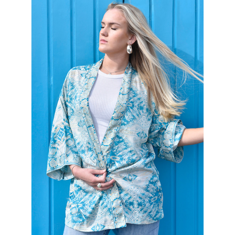 Turquoise, Cream & Gold Viscose Summer Jacket